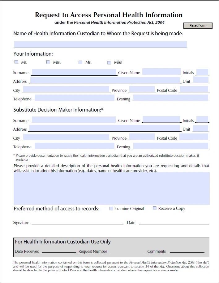 Request to Access Personal Health Information Form