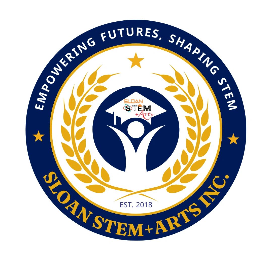 Logo of Sloan STEM+Arts Inc. with motto and est. date.
