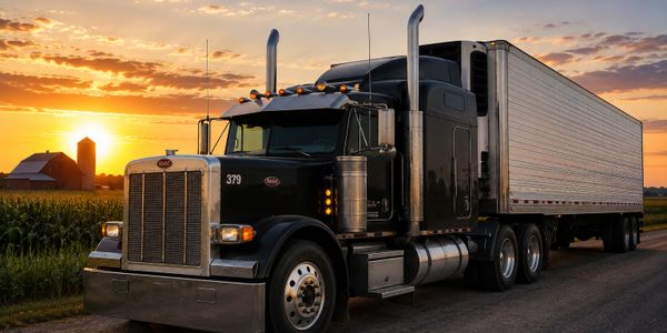 Black semi-truck parked on a rural road at sunset.