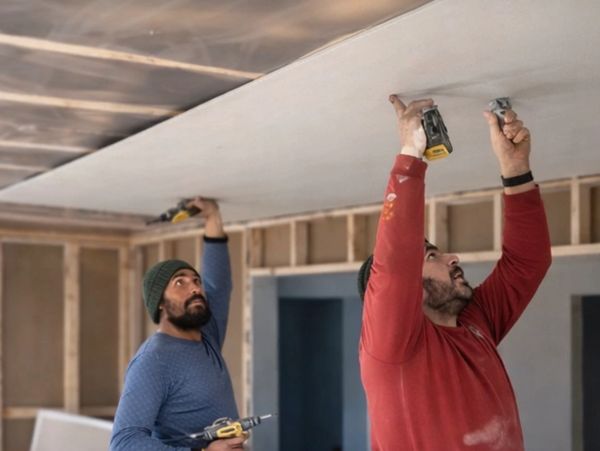 Two workers installing drywall on a ceiling using power drills.