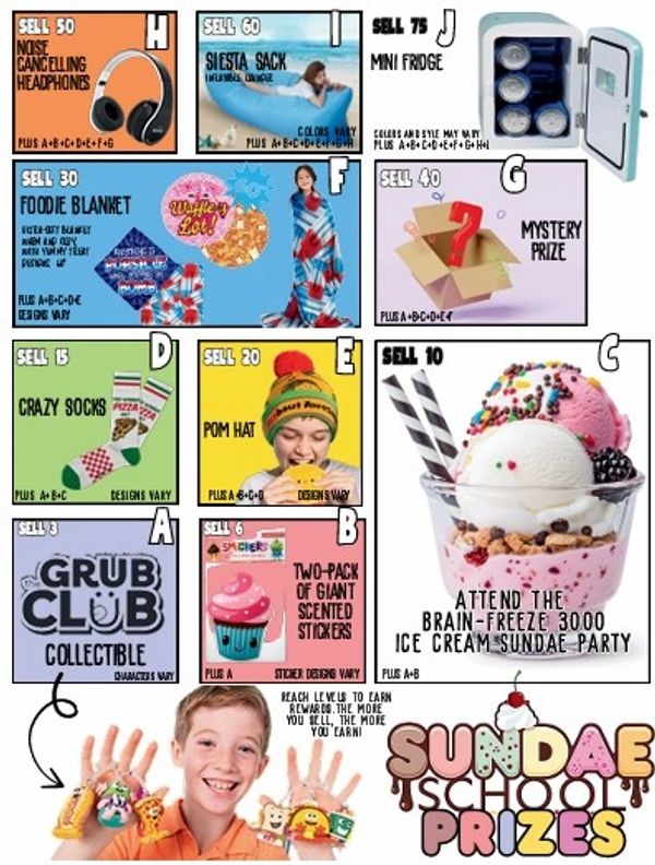 A colorful chart showing various prizes kids can earn by selling items.