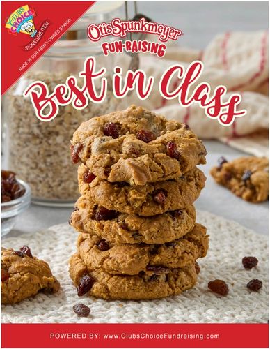 Stack of cranberry oatmeal cookies with fundraising branding.