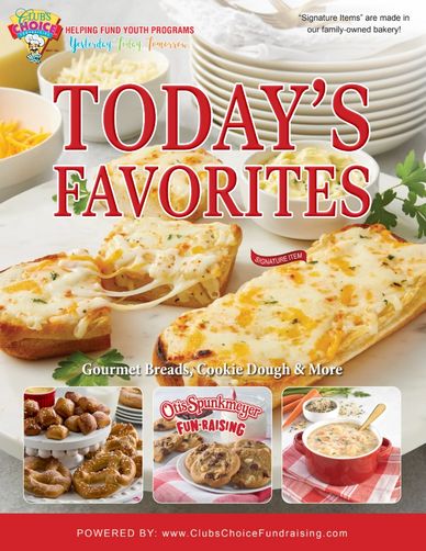 A flyer for today's favorites featuring gourmet breads, cookie dough, and more for fundraising.