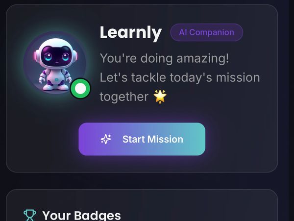 Learnly AI app screen showing mission start and badge achievements.