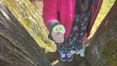 holding flowers at Natural Start Preschool in Bellevue WA