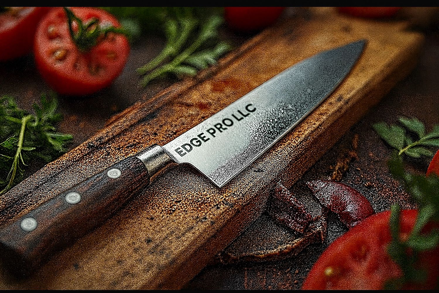 A sharp kitchen knife with a wooden handle on a cutting board with fresh tomatoes and herbs.