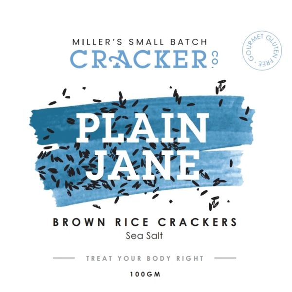 Packaging for Plain Jane Brown Rice Crackers with sea salt, gluten-free and gourmet.
