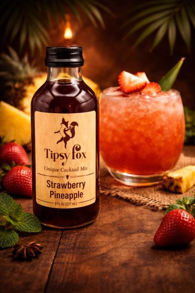 A bottle of Tipsy Fox Strawberry Pineapple cocktail mix with a glass of strawberry pineapple drink.