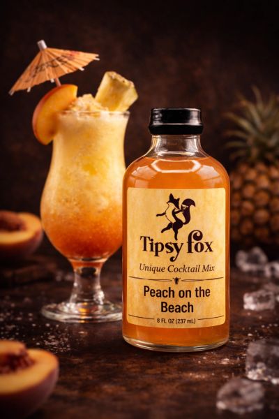 A bottle of Tipsy Fox Peach on the Beach cocktail mix with a tropical drink and fruit.