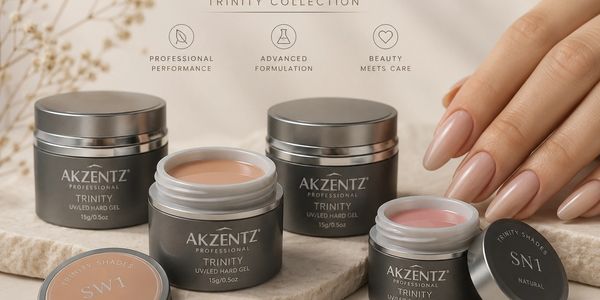 Akzentz Trinity professional UV/LED hard gel nail products.