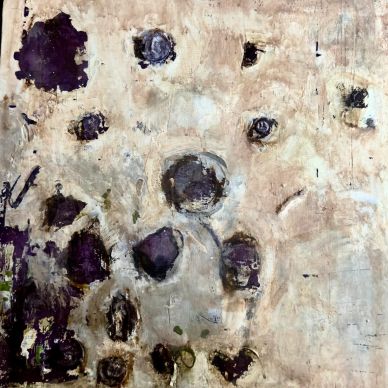 Abstract painting with dark circular shapes on a textured beige background.