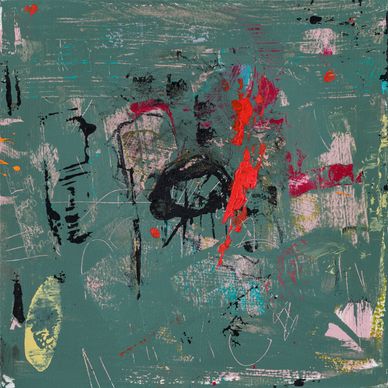 Abstract painting with teal background and splashes of red, black, and yellow.