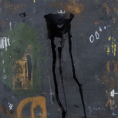 Abstract dark painting with black drips and muted colors.