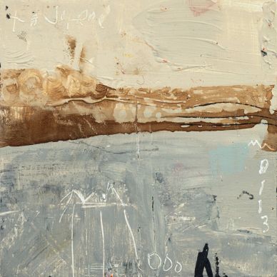 Abstract painting with earthy browns, muted blues, and white scribbles.
