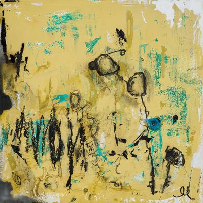 Abstract artwork with yellow, black, and turquoise brushstrokes and scribbles.