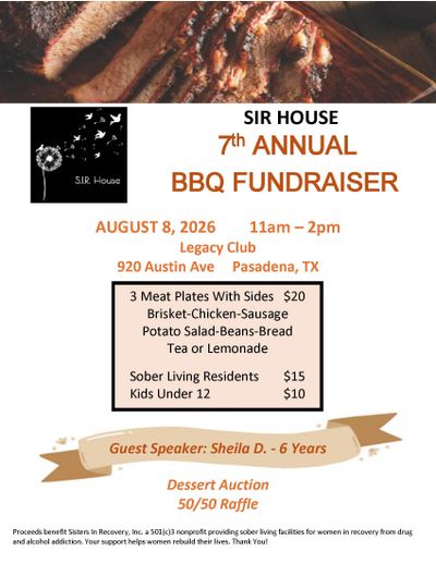 Flyer for Sir House's 7th Annual BBQ Fundraiser in Pasadena, TX, August 8, 2026.