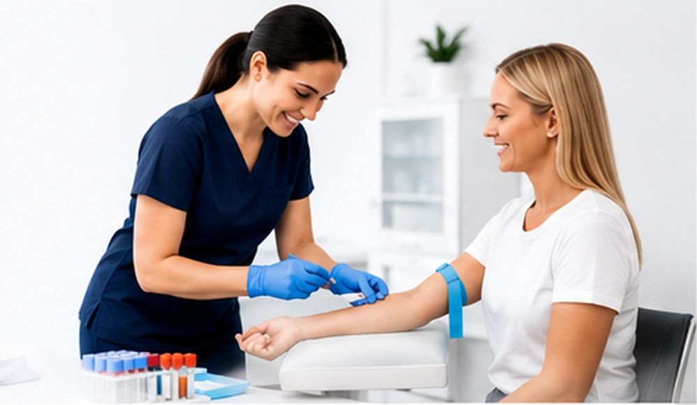 Nurse drawing blood from a patient.