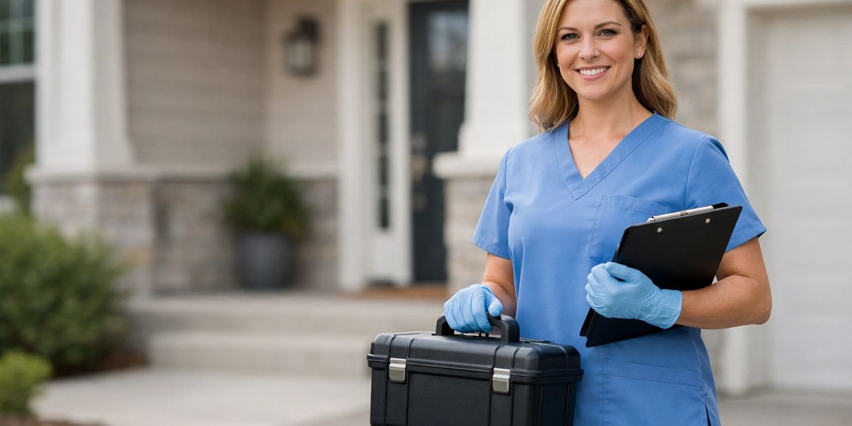 Smiling nurse in blue scrubs holding a medical kit and clipboard.