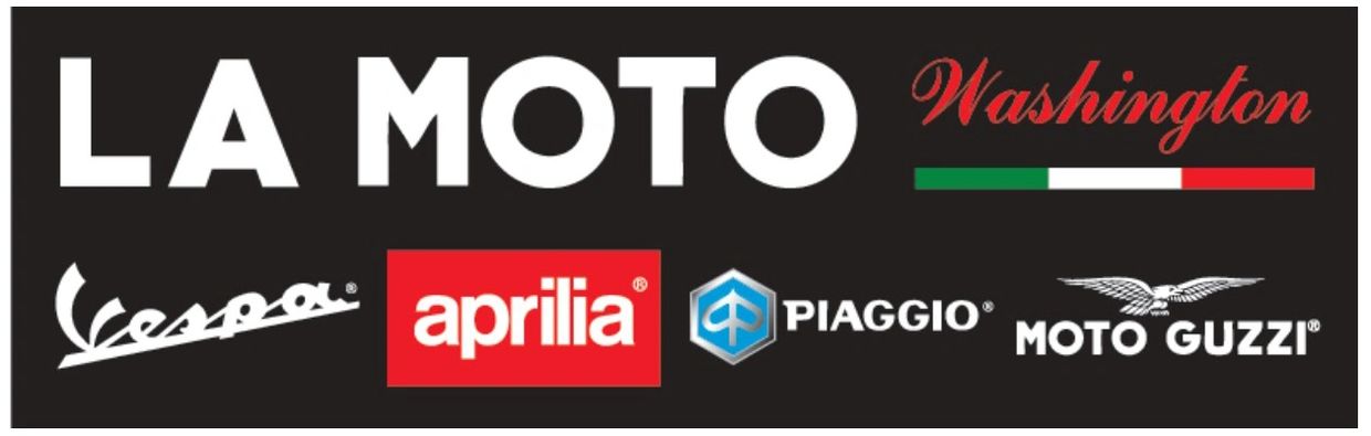 Logo banner for La Moto Washington featuring Italian motorcycle brands Vespa, Aprilia, Piaggio, and Moto Guzzi.