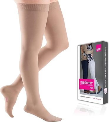 Beige compression stockings from Mediven Plus for leg health and comfort.