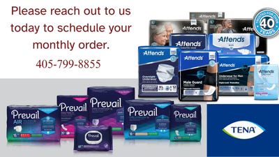 Various incontinence products from Attends and Prevail are shown with a contact number for monthly orders.