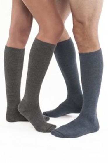 Two people wearing knee-high socks, one in dark gray and the other in charcoal.