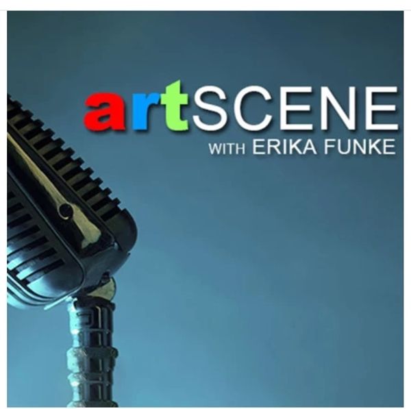 Vintage microphone with colorful 'artSCENE with Erika Funke' text on blue background.