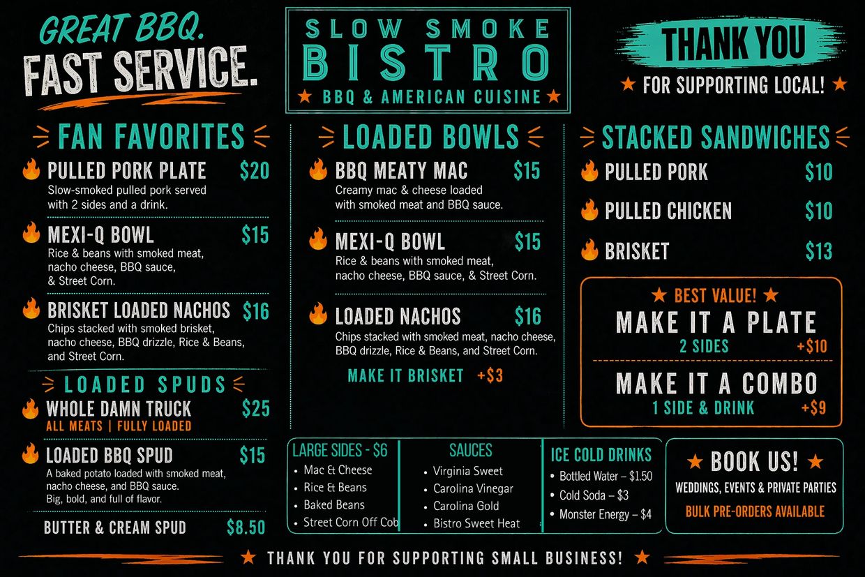 Menu board showcasing BBQ dishes, loaded bowls, sandwiches, sides, sauces, and drinks.