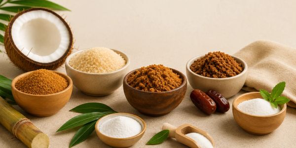 Various types of sugar with a coconut and dates.