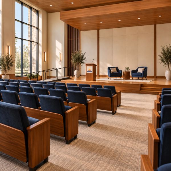 Empty conference room with wooden seats and stage.