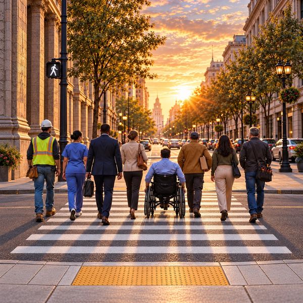Diverse group of professionals crossing a city street at sunset.