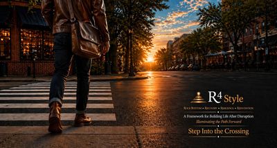 Person walking across a street at sunset with stylish attire and bag.