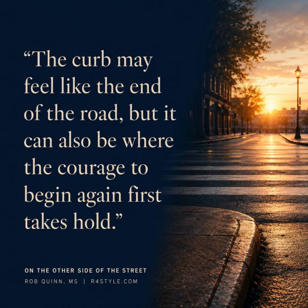 Inspirational quote about courage and new beginnings with a sunset street backdrop.