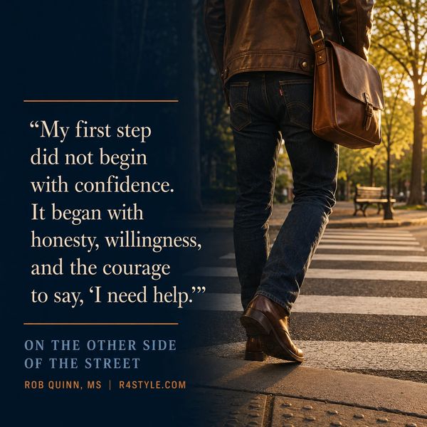 Person crossing street with quote on courage and asking for help.