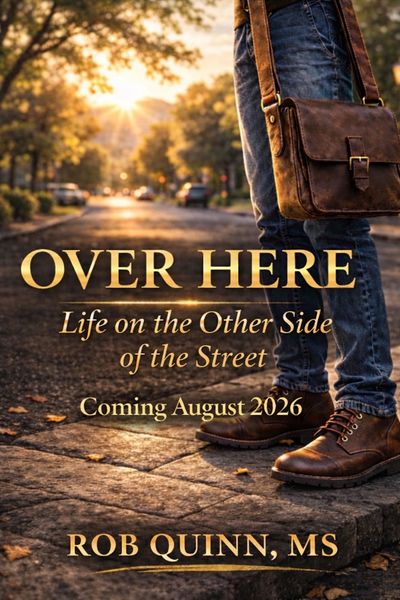 Book cover showing a person standing on a street corner at sunset with a leather bag.