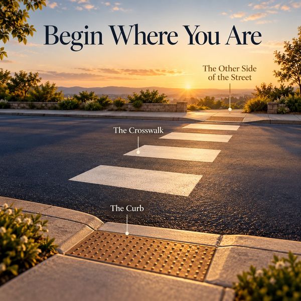Sunset crosswalk scene with inspiring text overlay.