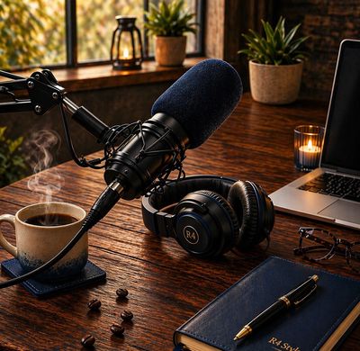 Cozy podcast setup with microphone, headphones, coffee, and laptop on a wooden table.