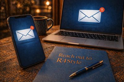 Email notification on phone and laptop with a notebook and pen on a wooden table.