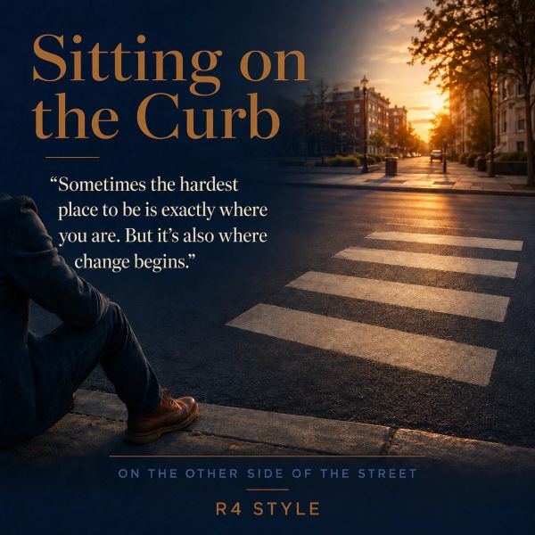 Person sitting on a curb with sunset and motivational quote.