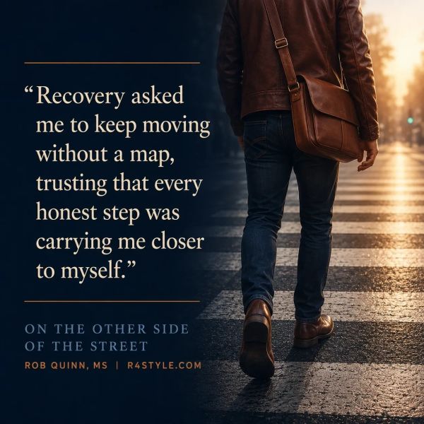 Person walking on a street with a recovery quote.