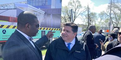 Mayor of Harvey, IL talking with Governor Pritzker at Metra station project ribbon cutting event
