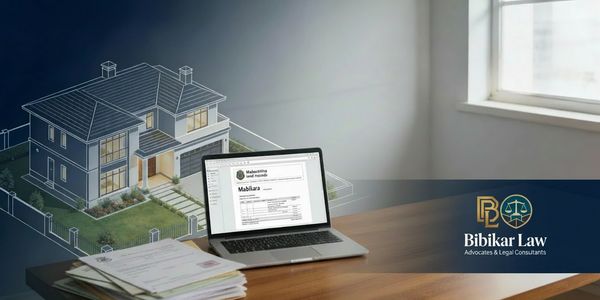 Legal documents and digital plans for property law on a laptop at a wooden desk.