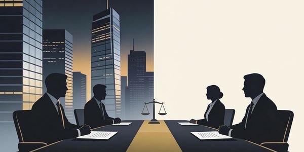 Silhouettes of business professionals in a negotiation with cityscape background and justice scales.
