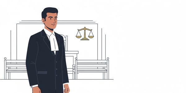 Illustration of a lawyer in a courtroom with justice scales in the background.