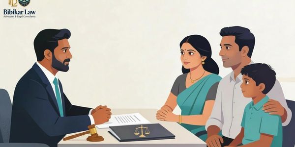 A family consulting a lawyer at Bibikar Law office.