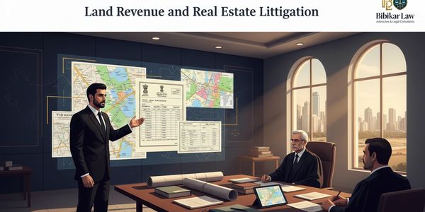 Lawyers discussing land revenue and real estate litigation with maps and documents.