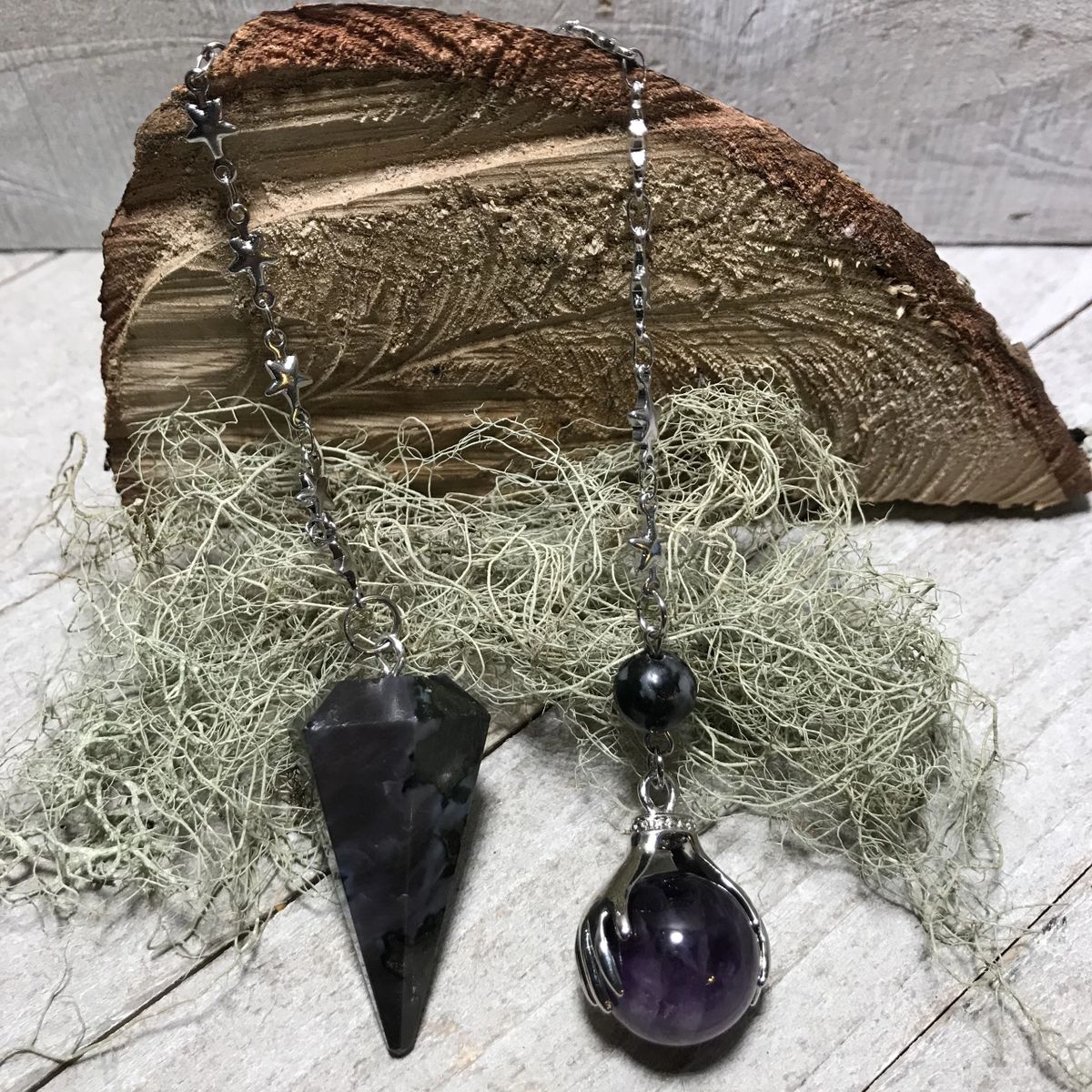 Carved Polished Natural Mystic Merlinite With Stars Amethyst Gazing Ball Pendulum Healing Crystal Dowsing e
