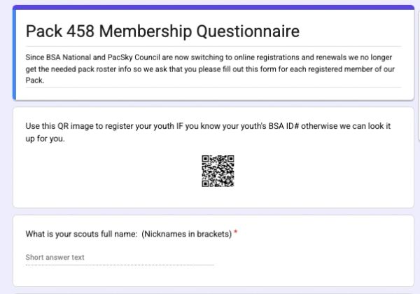 Pack 458 membership form for Scouts.