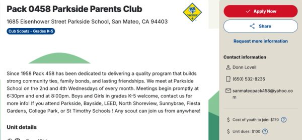 Flyer for Pack 0458 Parkside Parents Club with contact and unit details.