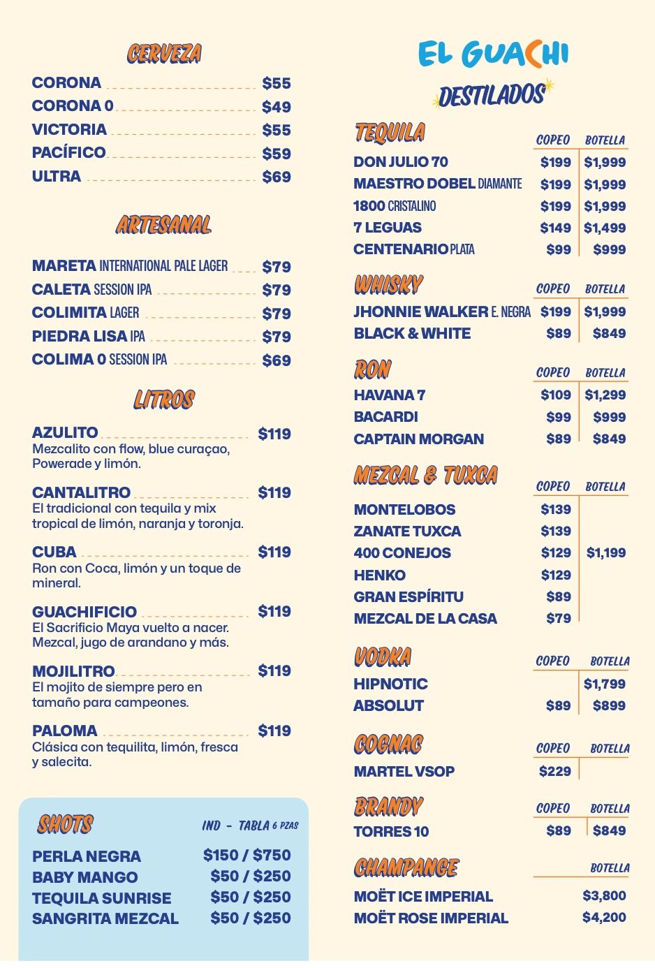 Menú de bebidas incluyendo cervezas, artesanales, litros, shots y destilados con precios.